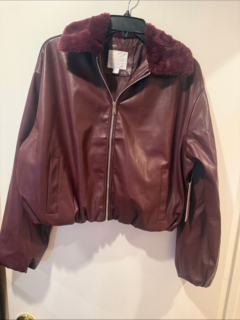 Women's Faux Leather Bomber Jacket with Faux Fur Collar - Burgundy